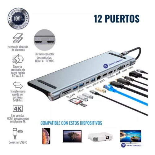 Hub Convertidor Tipo C 12 En 1 Macbook Pc Ethernet 1000 Mbps Gris