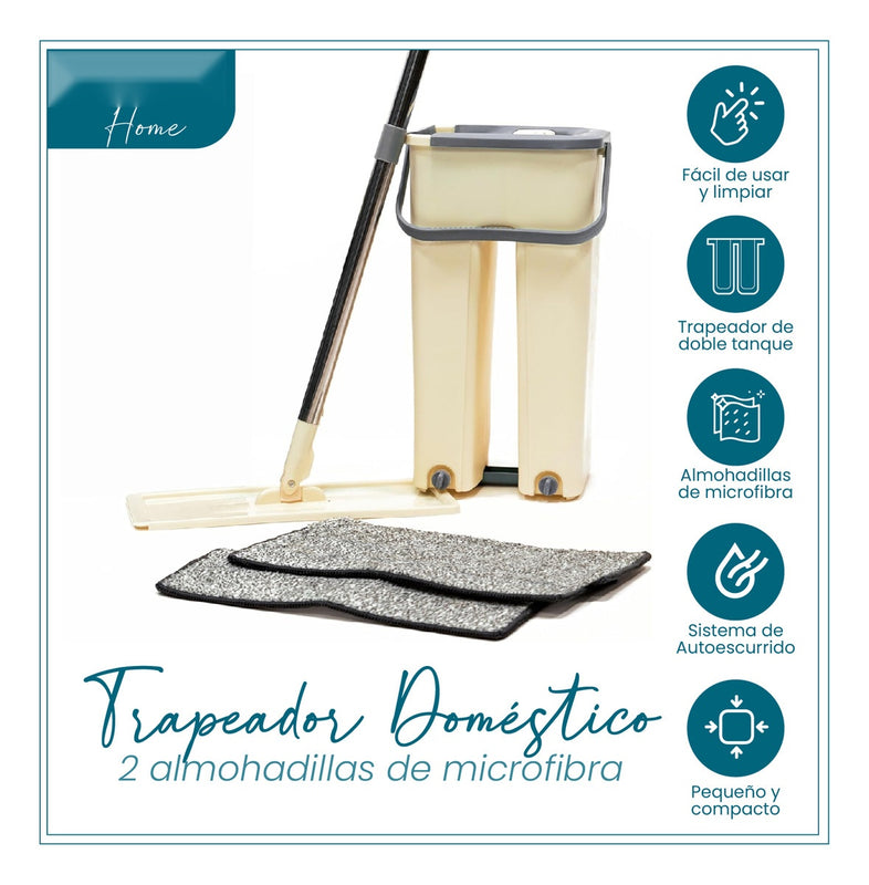 Trapero Plano Con Balde Escurridor Doble Compartimiento Beige 2 Mopas