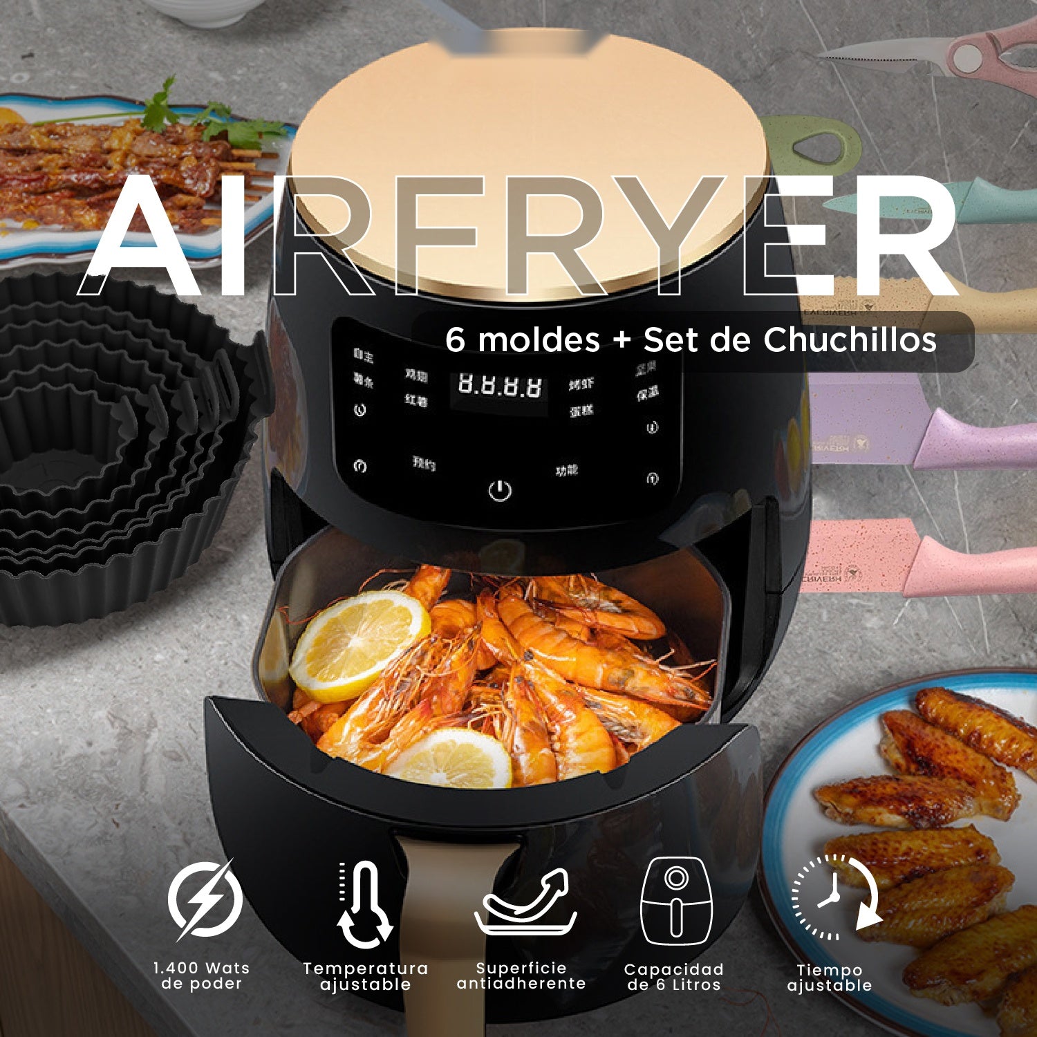 Freidora De Aire 6L Innovo+ Airfryer Con Moldes Y Set De Cuchillos