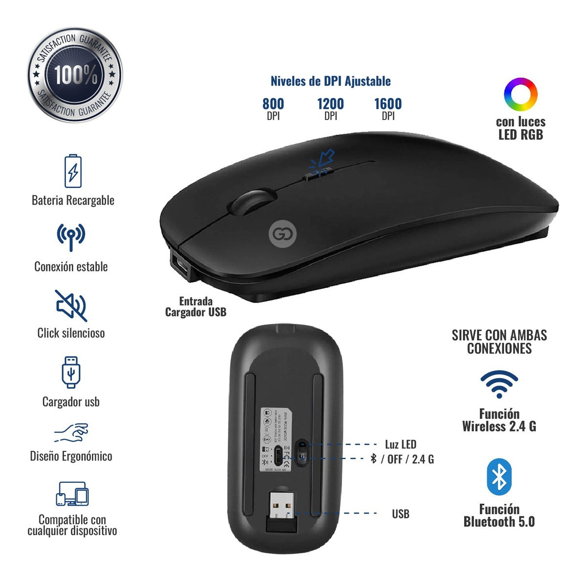Mouse Inalambrico 2 En 1 Bluetooth 4.0/2.4G Recargable Negro
