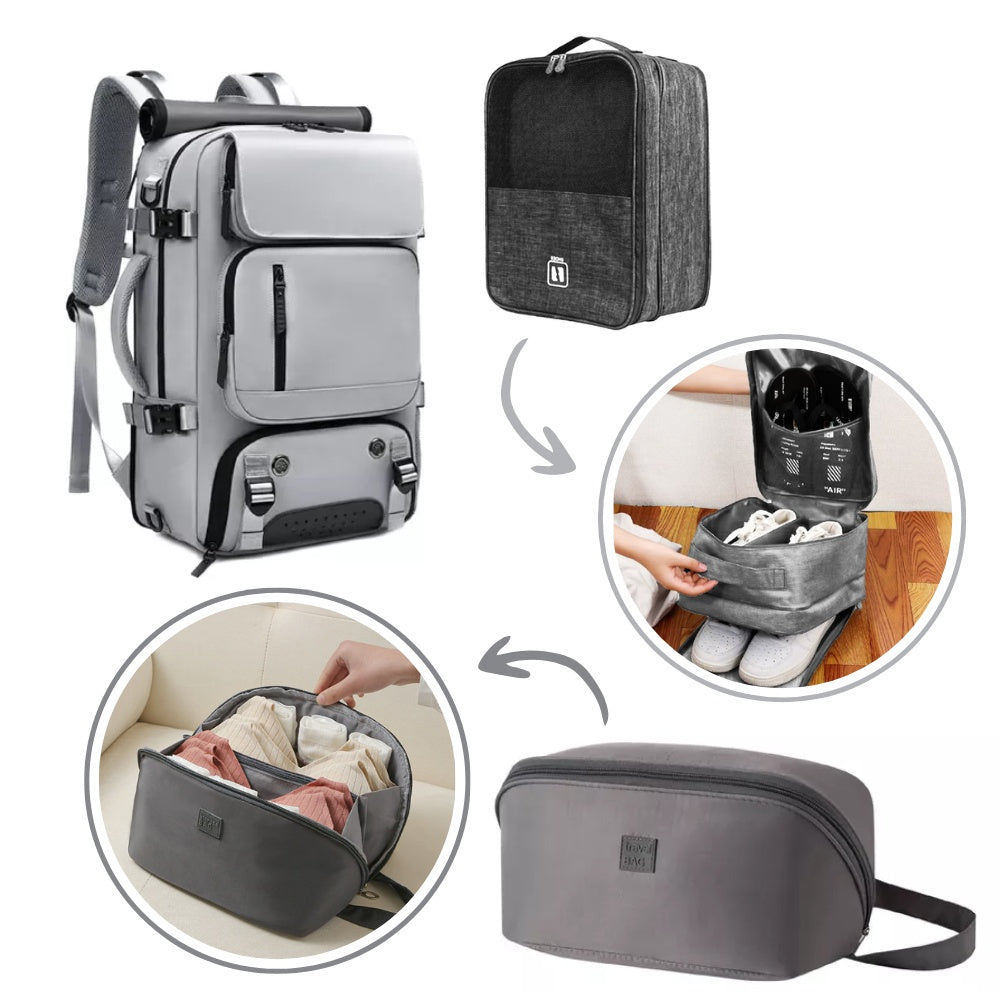 Combo Mochila Viajera + Organizador De Ropa Interior + Bolsa Para Zapatos Gris