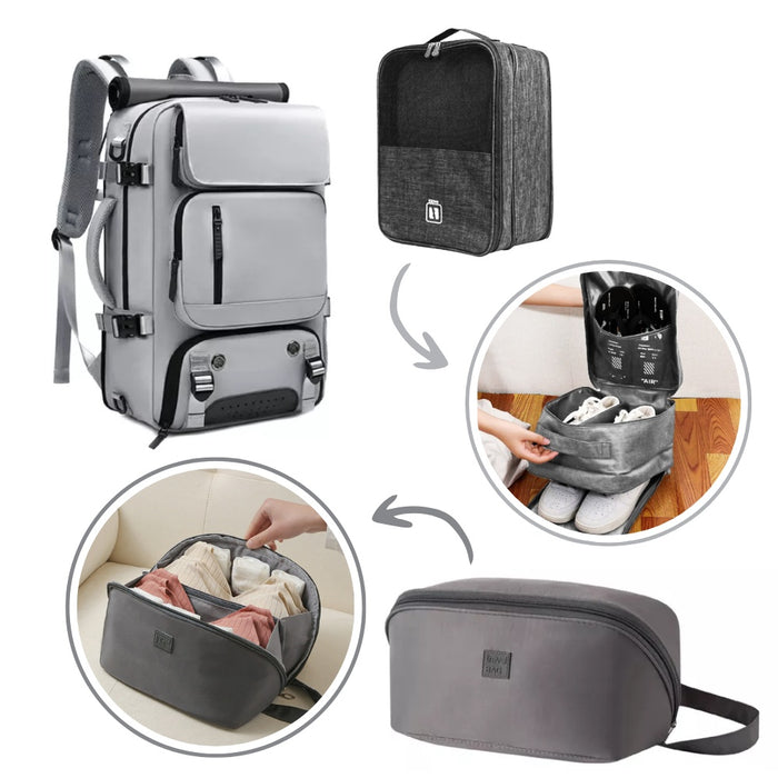 Combo Mochila Viajera + Organizador De Ropa Interior + Bolsa Para Zapatos Gris