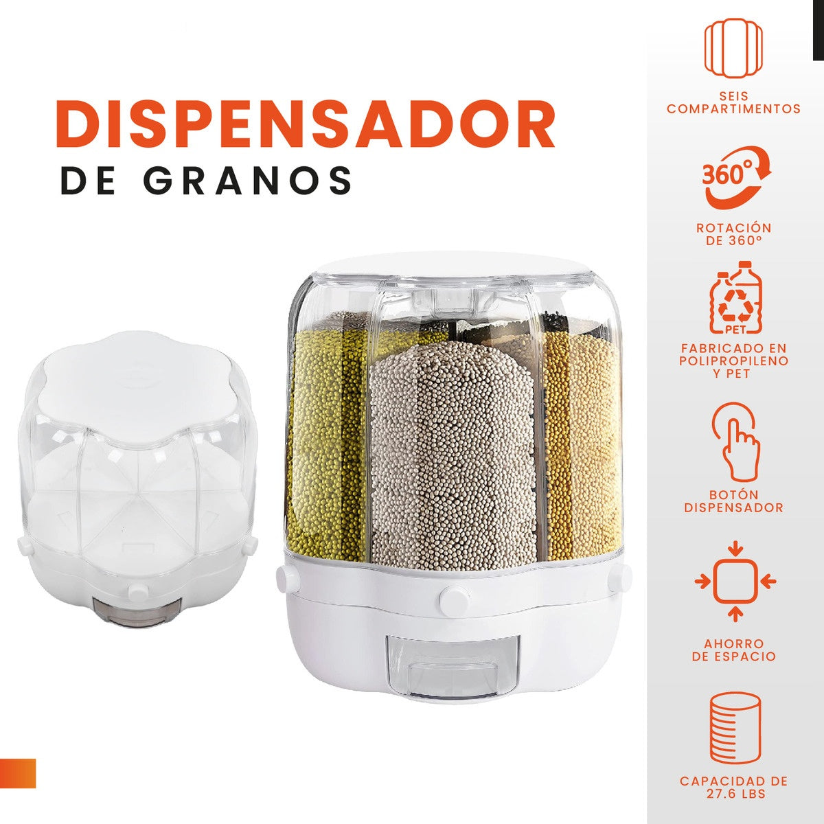 Dispensador Recipiente X6 Espacios Para Granos Cereales Giratorio Innovo Home Gb6
