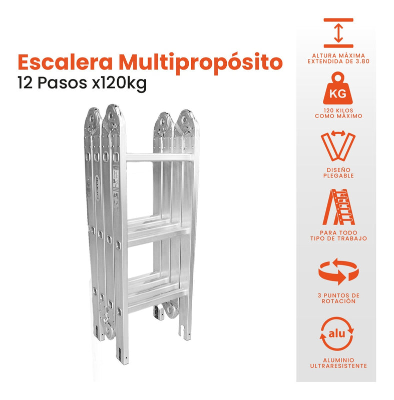 Escalera Todo En 1 Multifuncion 12 Pasos Ajustable Resiste 150 Kilos Multifuncional