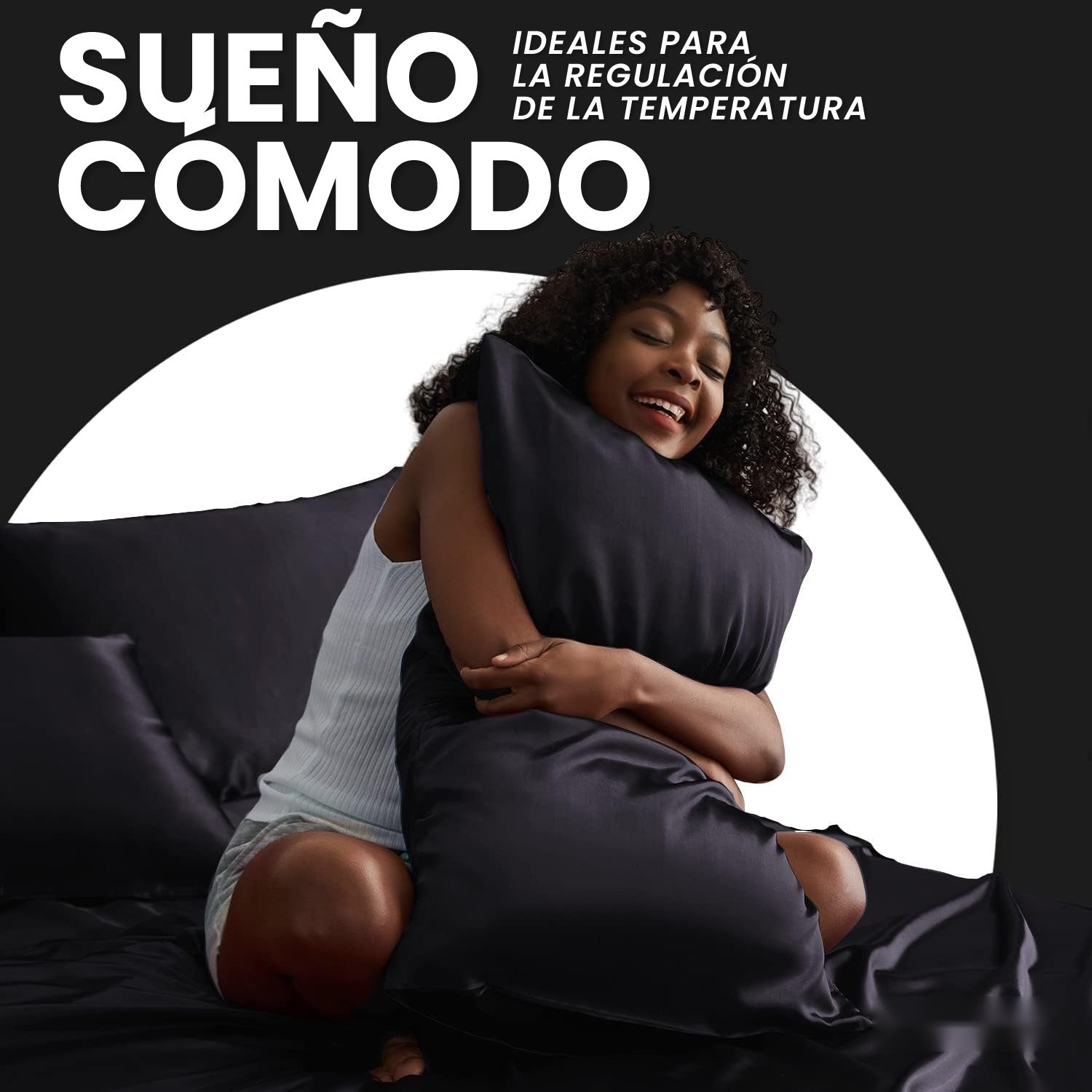 Fundas Para Almohada Satin Seda Cuidado Cabello Piel Anti Friz Color Negro Innovo 68 X 45