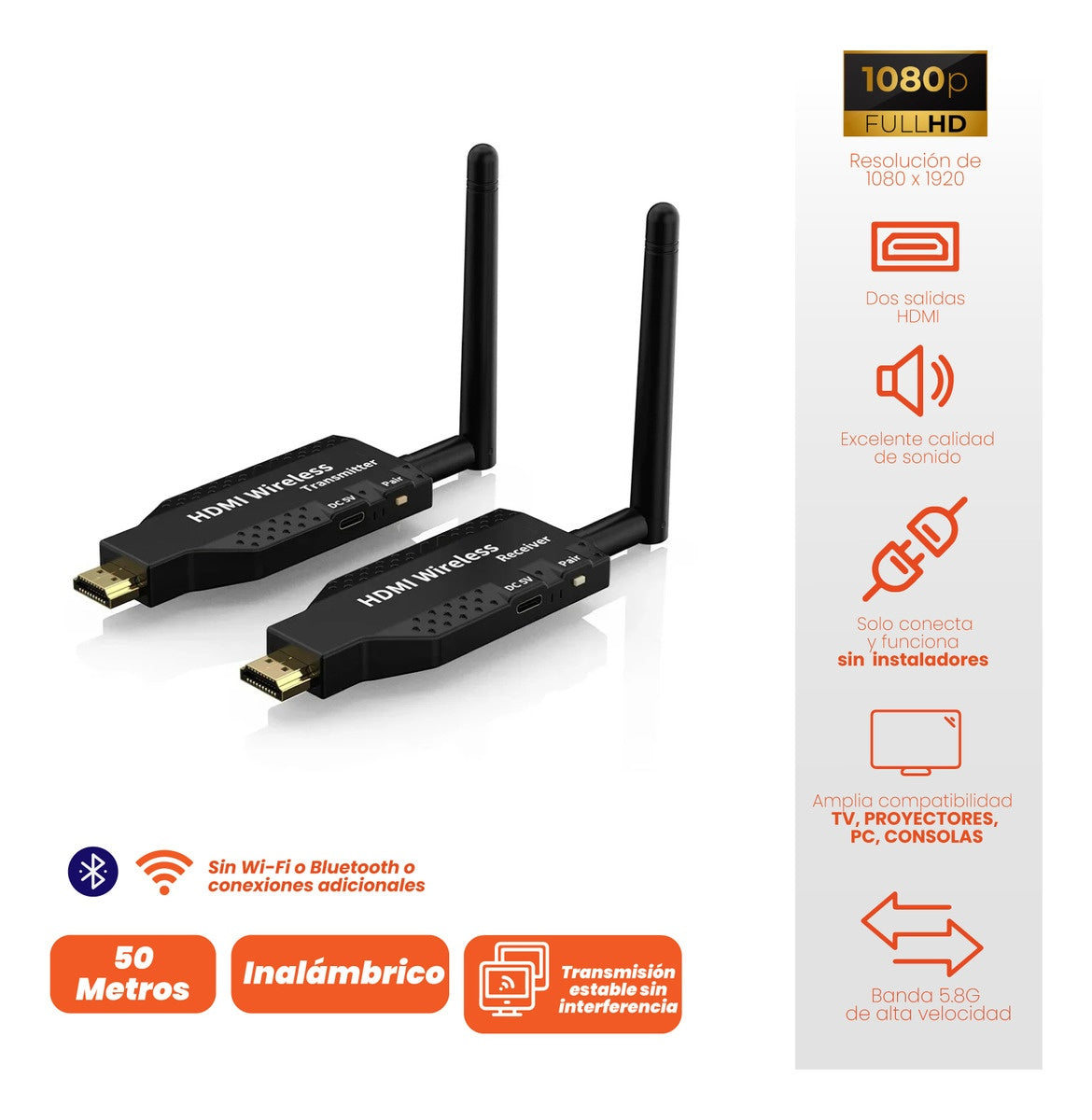 Transmisor Hdmi Inalambrico Receptor Emisor 50 Metros
