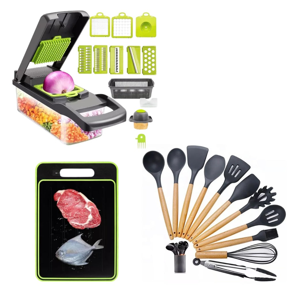 Combo Mandolina Picatodo Verdura + Tabla De Picar Descongela Carne+ Set Utensilios X12 Piezas En Silicona