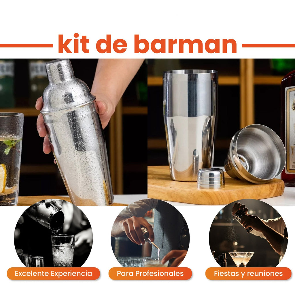 Bartender Coctelera Set Utensilios Bar Inoxidable 9 Piezas Bambu Premium Profesional