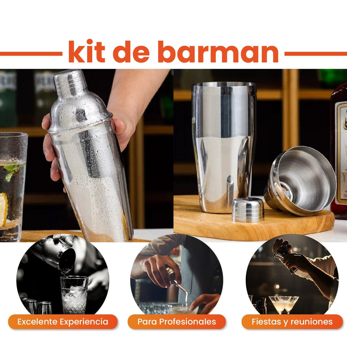 Bartender Coctelera Set Utensilios Bar Inoxidable 9 Piezas Bambu Premium Profesional
