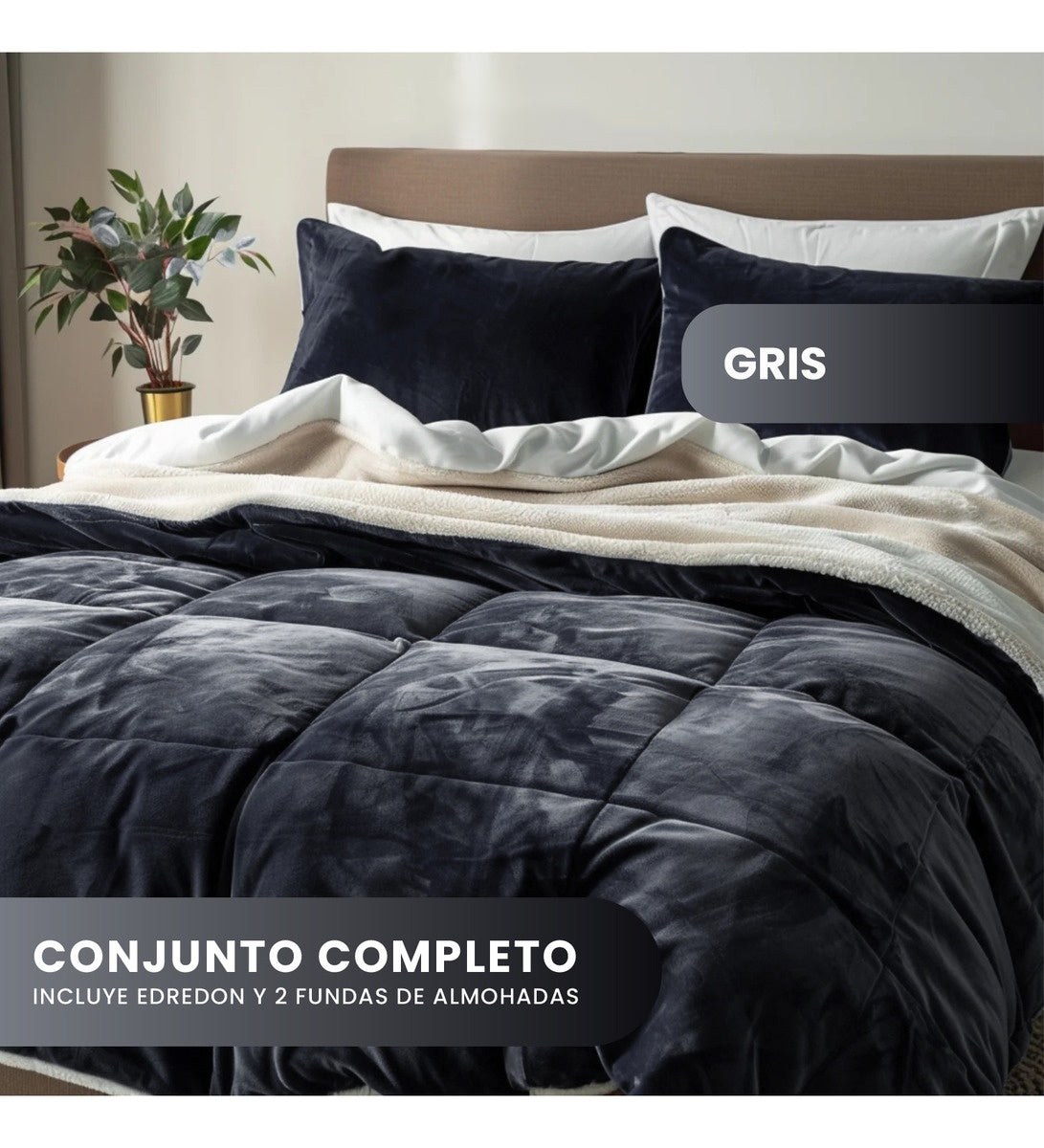 Cubrelecho Ovejero Queen Suave Caliente Reversible 2 Fundas Premium Innovo Gris Oscuro