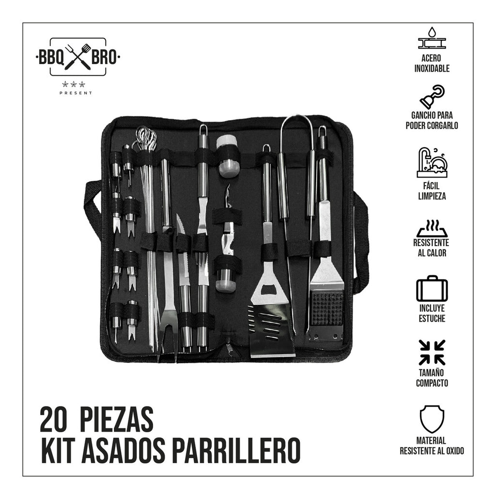 Set Utensilios 20 Piezas Parrilla Asados Bbq Acero Inoxidable Estuche Innovo