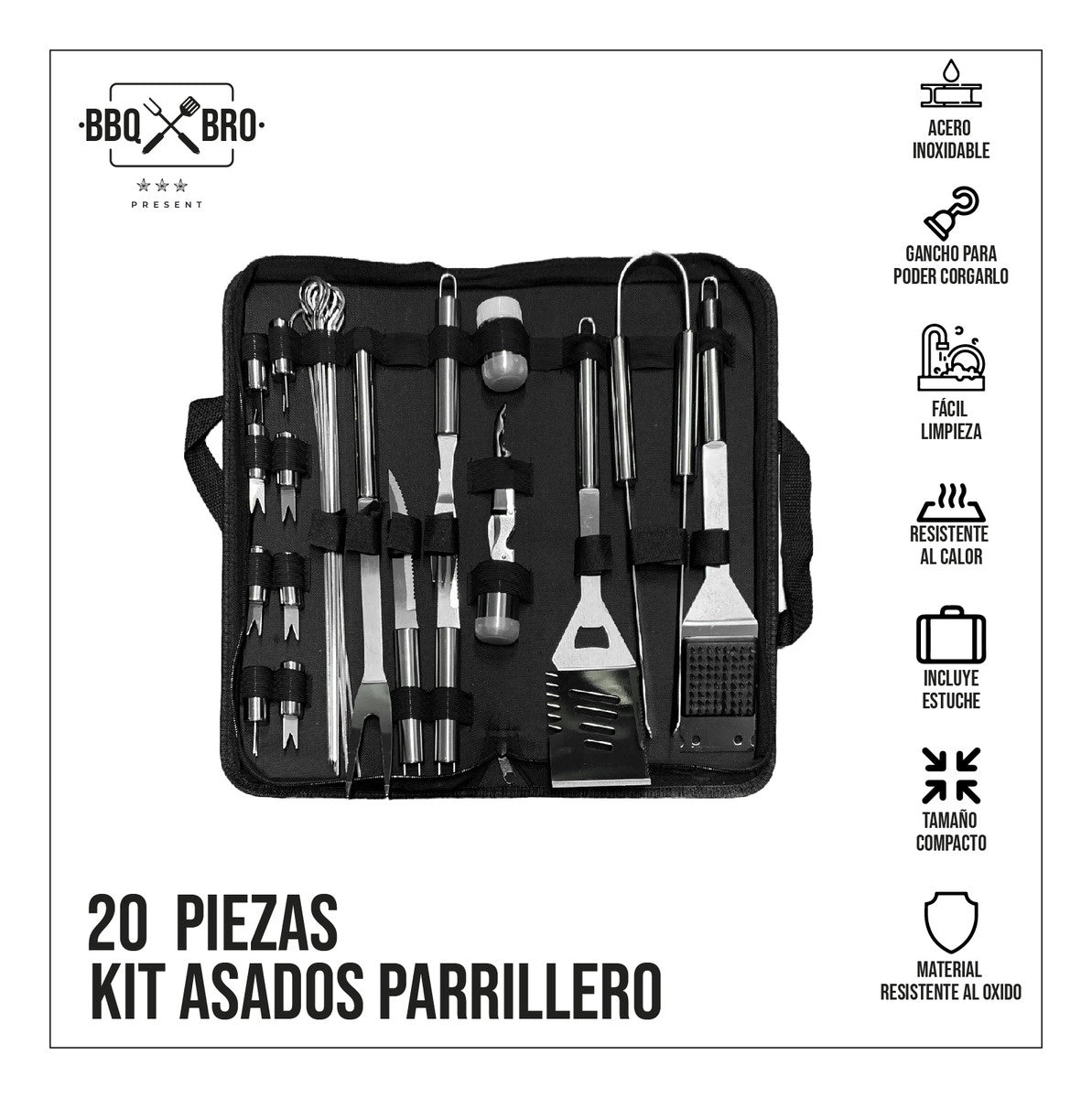 Set Utensilios 20 Piezas Parrilla Asados Bbq Acero Inoxidable Estuche Innovo