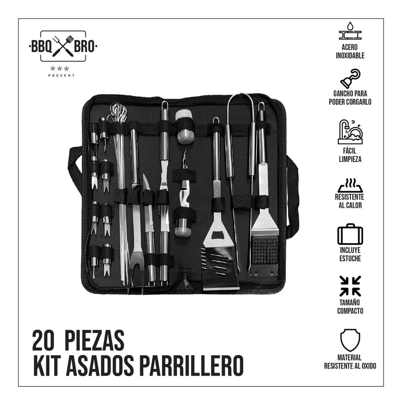 Set Utensilios 20 Piezas Parrilla Asados Bbq Acero Inoxidable Estuche