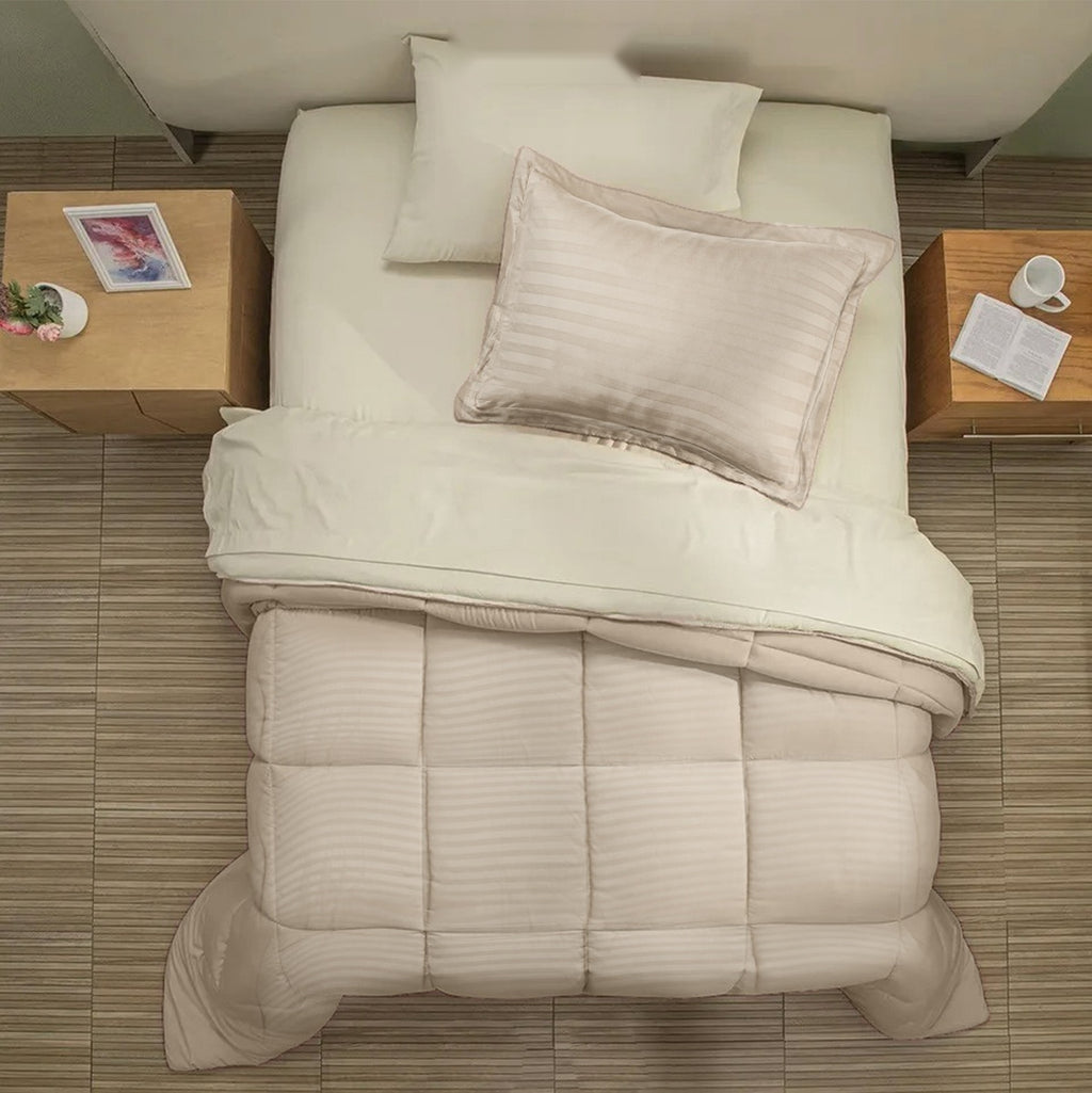 Edredon Microfibra Para Cama Sencilla 2 Fundas Tela Suave Innovo Beige