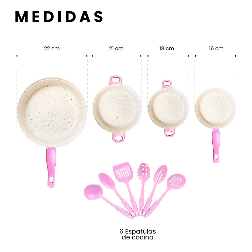 Juego De Ollas Con Tapa Vidrio Esmaltada Con Utensilios 13 Piezas Rosado