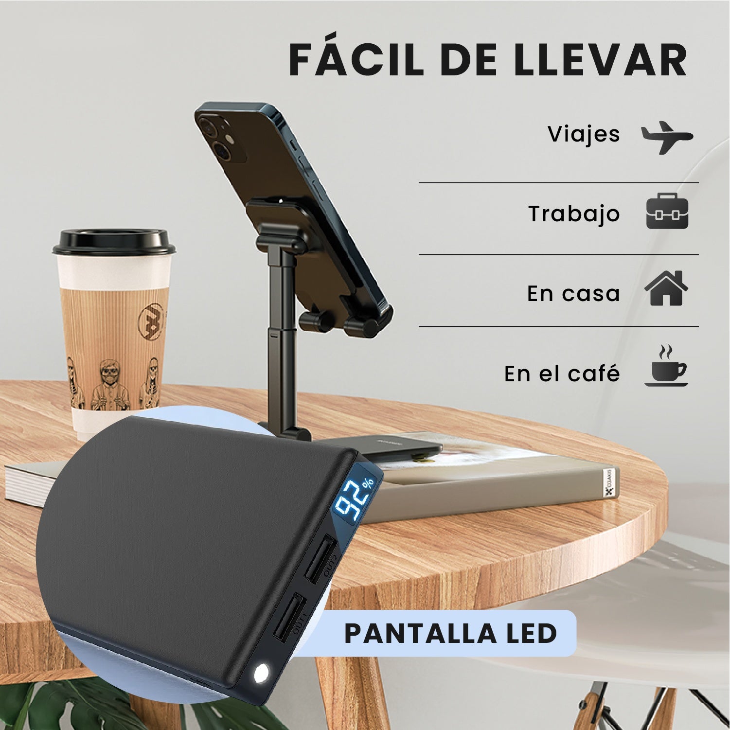 Power Bank 10000Mah + Soporte Celular Plegable Innovo Carga Rapida Led Usb-C