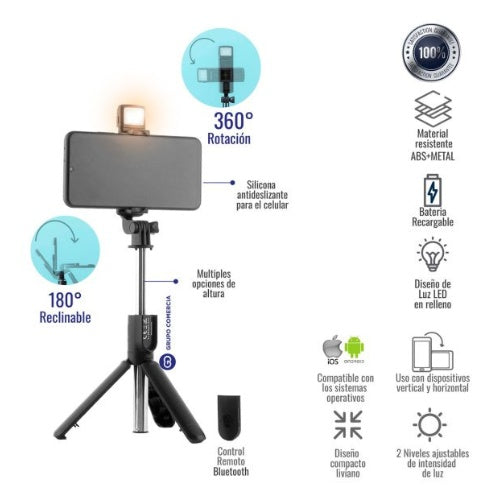 Monopod Baston Con Tripode Y Flash Selfie Funcional