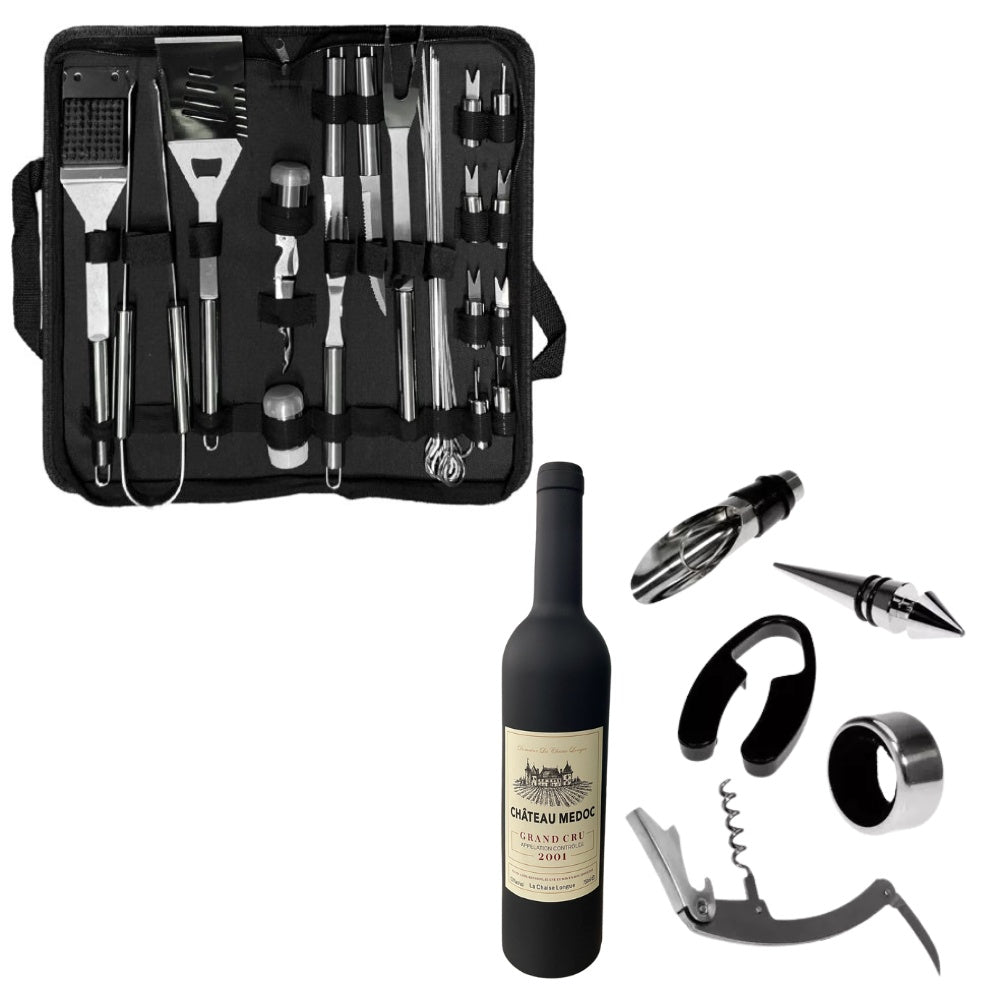 Combo Set Utensilios Asado X29 Piezas Estuche+ Kit Sacacorchos Tipo Botella X5