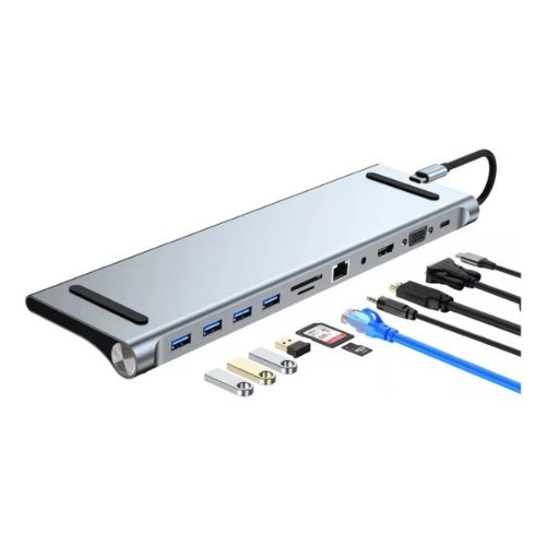Hub Convertidor Tipo C 12 En 1 Macbook Pc Ethernet 1000 Mbps Gris