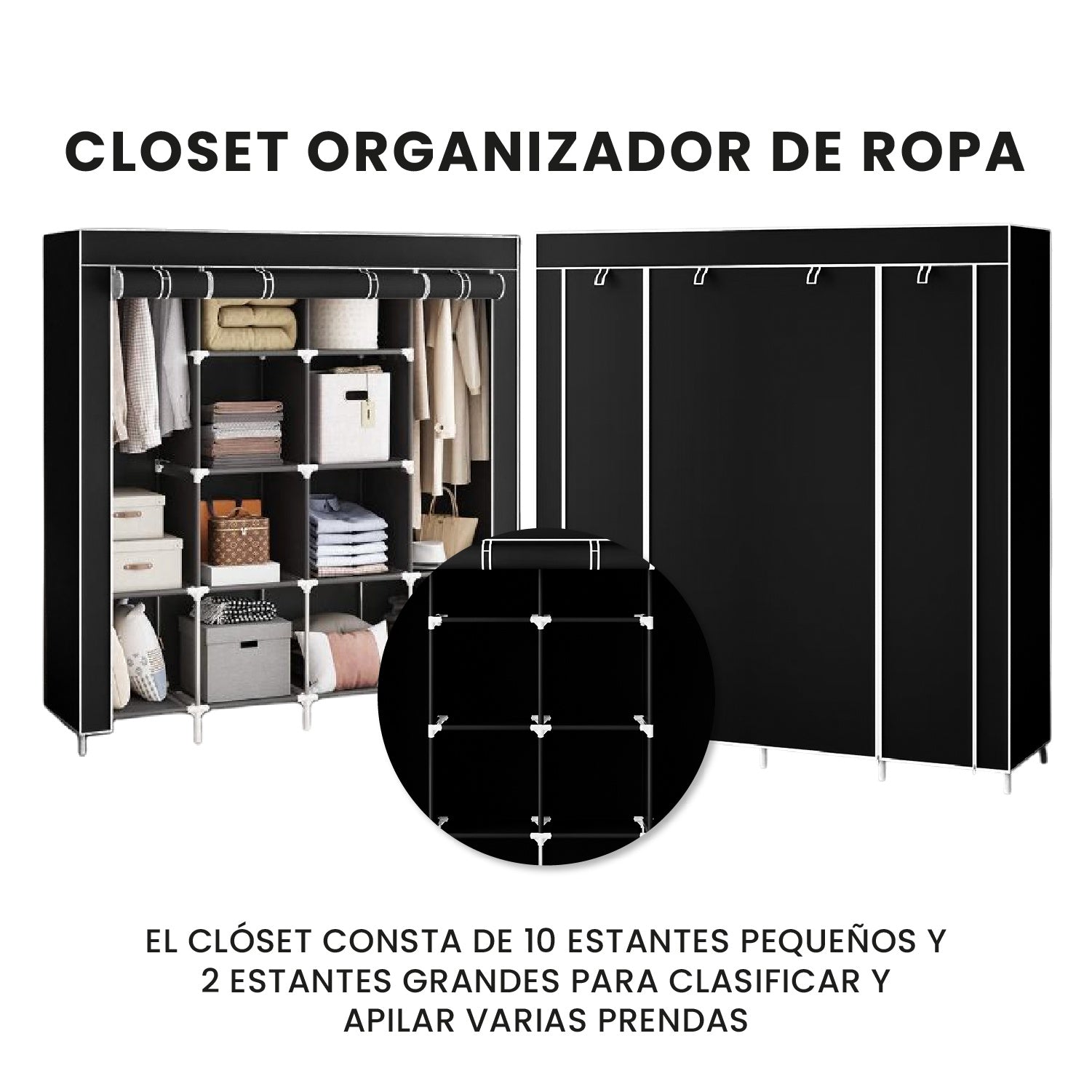 Closet Organizador De Ropa Plegable 4 Puertas 12 Espacios Tela Negro Innovo+