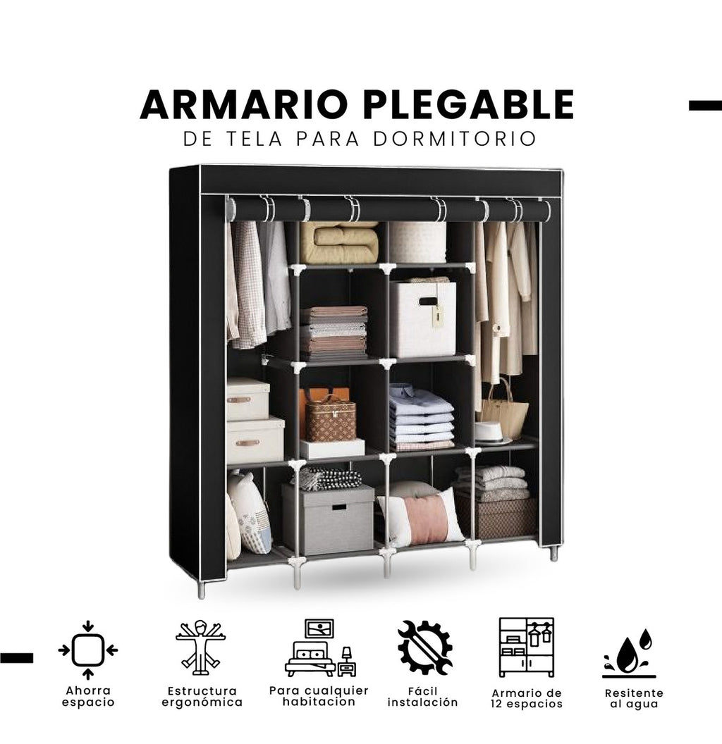 Closet Organizador De Ropa Plegable Armable 4 Puertas Tela Negro Innovo+