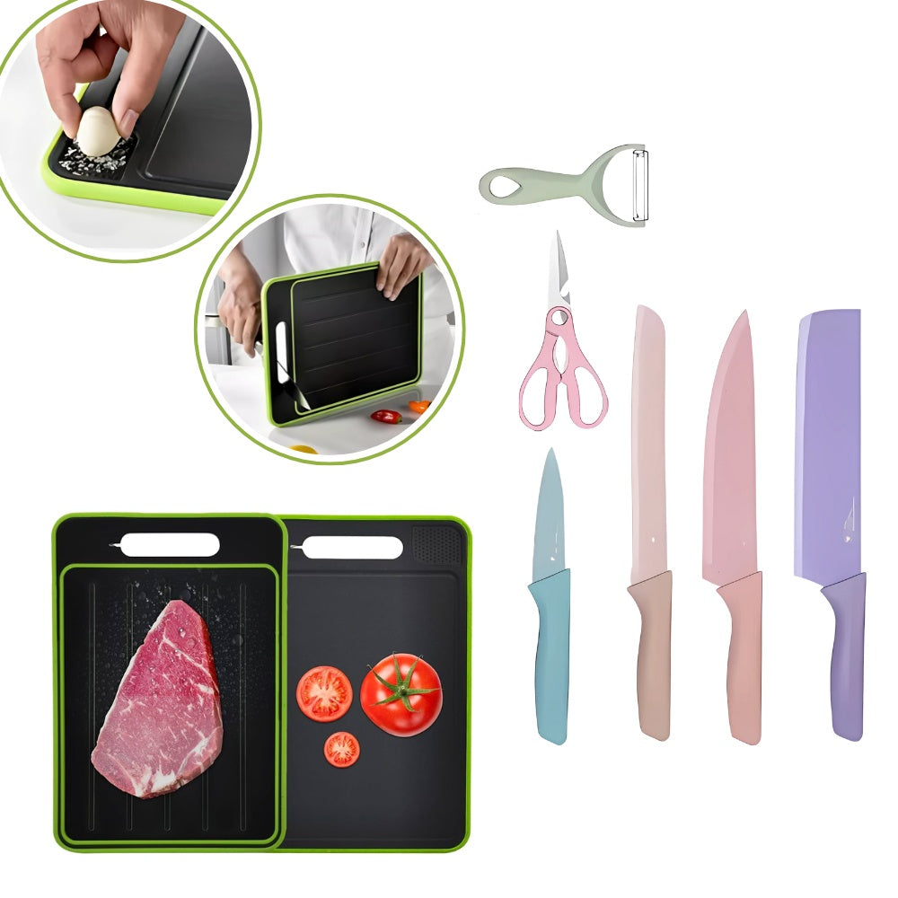 Combo Tabla Para Picar 4 En 1 + Set X6 Piezas Cuchillos Bali