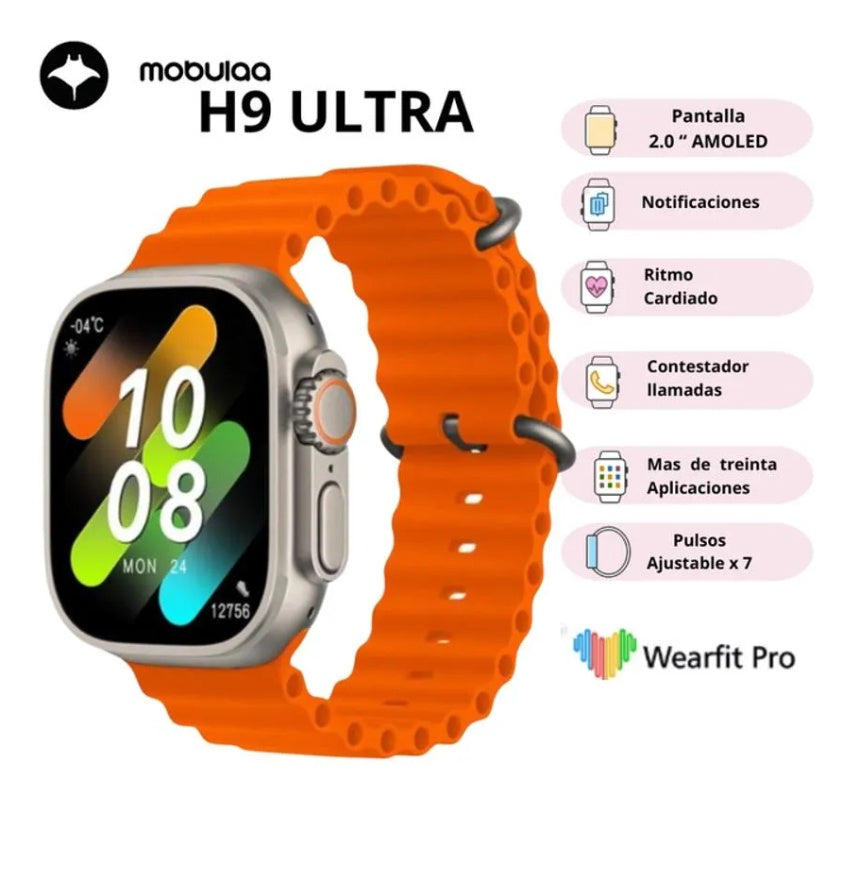 Smartwach Amoled Mobulaa Con 7 Correas Naranjas H9 Ultra Notificaciones Plus Innovo