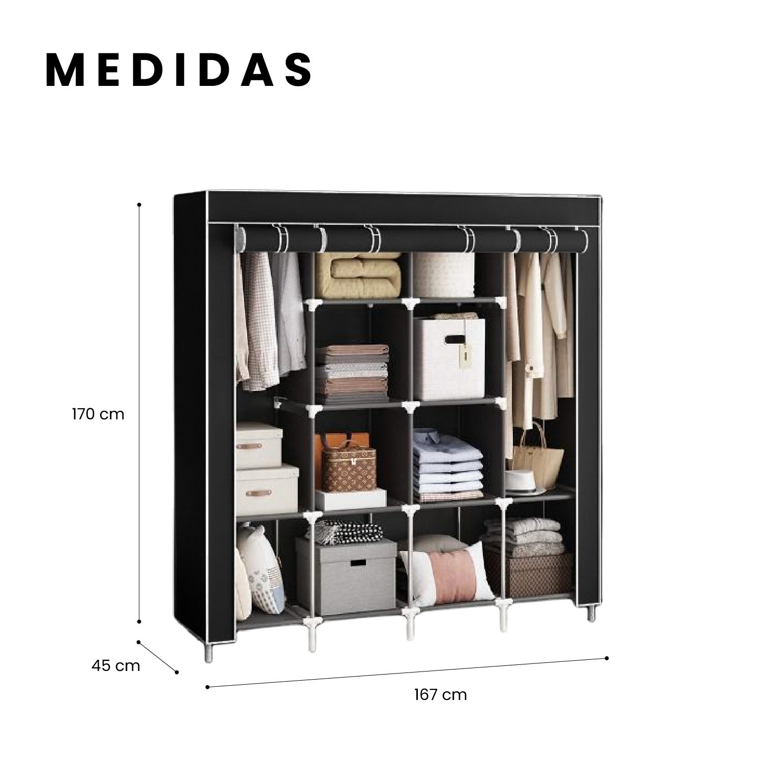 Closet Organizador De Ropa Plegable 4 Puertas 12 Espacios Tela Negro Innovo+