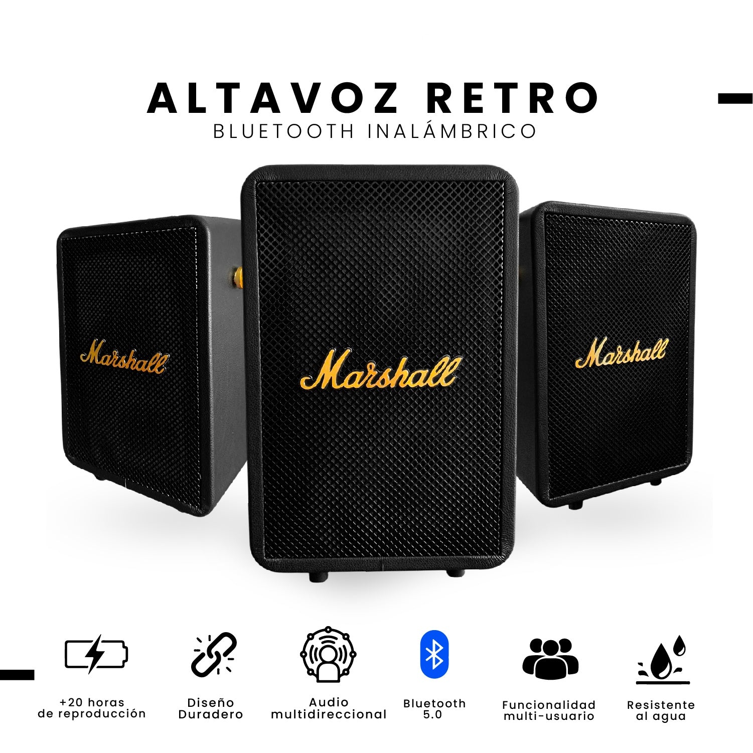 Parlante Retro Bluetooth Estilo Marshall Negro Potente Clasico Replica 1.1