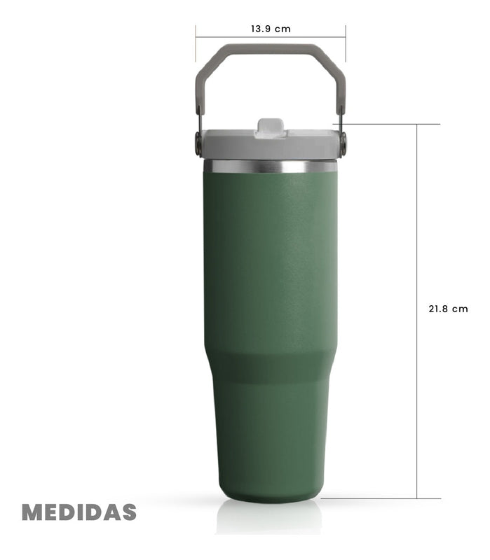 Termo Acero Inoxidable 900Ml Flip Straw Antiderrames Frio Calor Verde