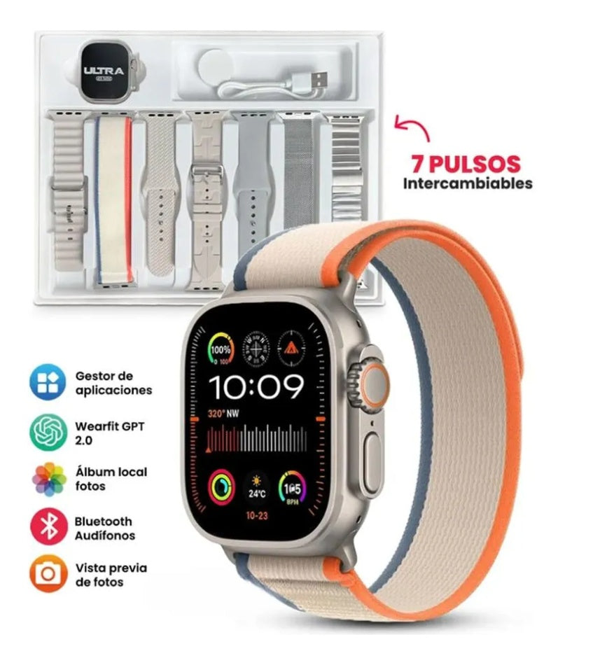 Smartwach Amoled Mobulaa Con 7 Correas Naranjas H9 Ultra Notificaciones Plus Innovo