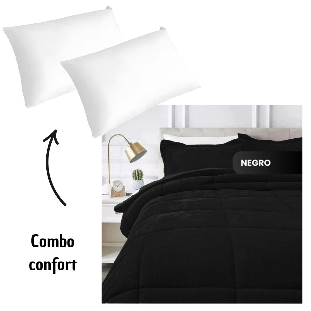 Combo Cubrelecho Termico Ovejero Doble Funda + 2 Almohadas Confort Siliconada
