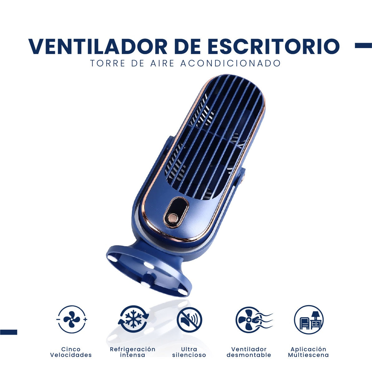 Mini Ventilador Mesa Escritorio Digital 5 Velocidades Recargable Azul Con Dorado