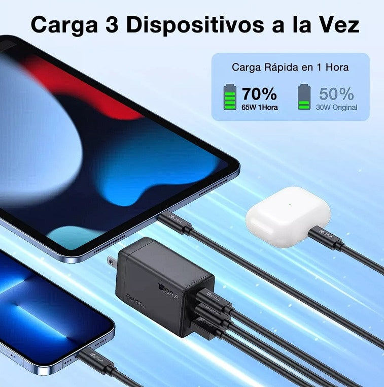 Cargador Super Turbo 65W 3 En 1 Universal Carga Rapida