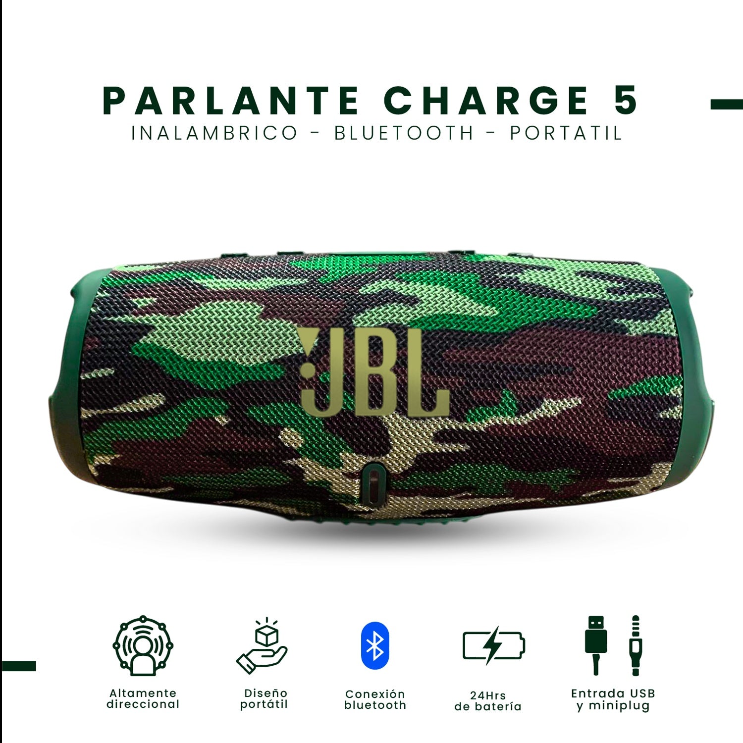 Parlante Jbl Charge 5 Replica 1.1 - Sonido Potente, Bluetooth, Portatil Verde