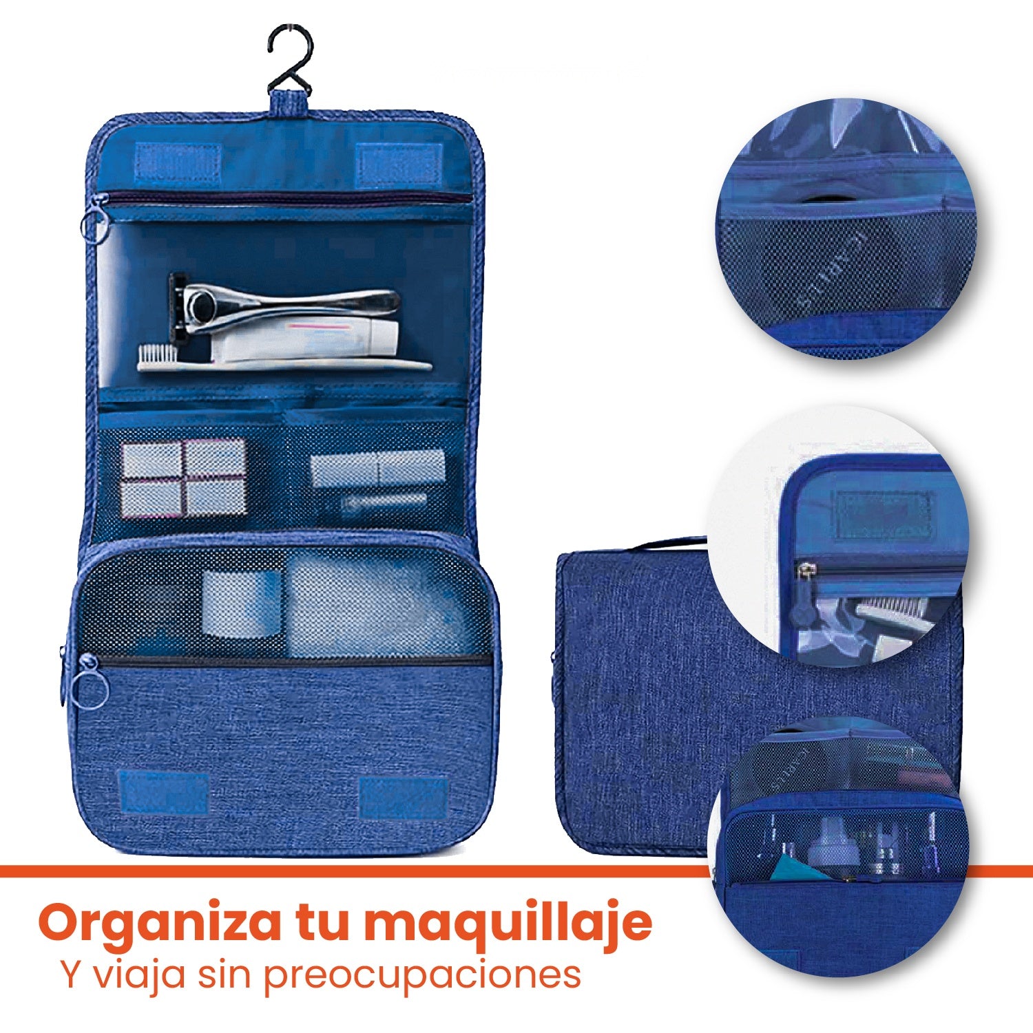 Combo Organizador De Viaje Equipaje Cosmetiquera Maquillaje Y Bolso Ropa Interior Azul