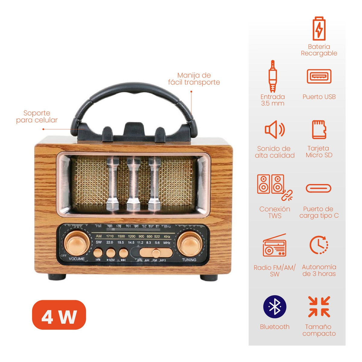 Radio Portable Recargable Retro Am Fm Tws Bluetooth Nns