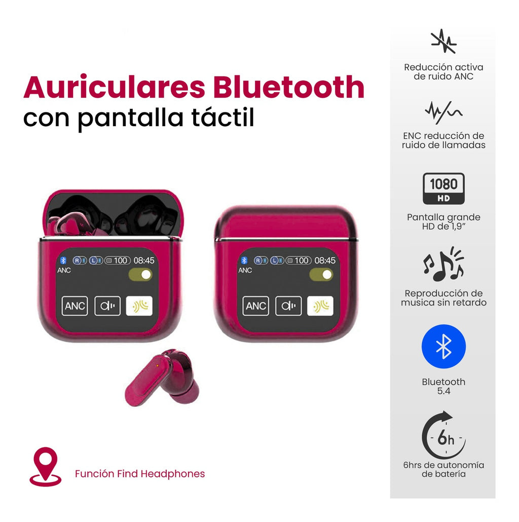 Audifonos Bluetooth Cancelacion Ruido Pantalla Tactil Rojo 5.2 Bluetooth