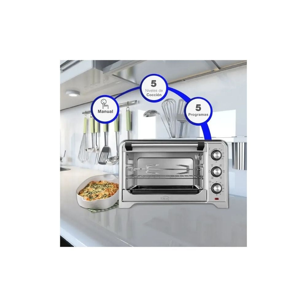 Horno Electrico Kalley 30 Litros Inoxidable 1600W Temporizador Asador Tostador