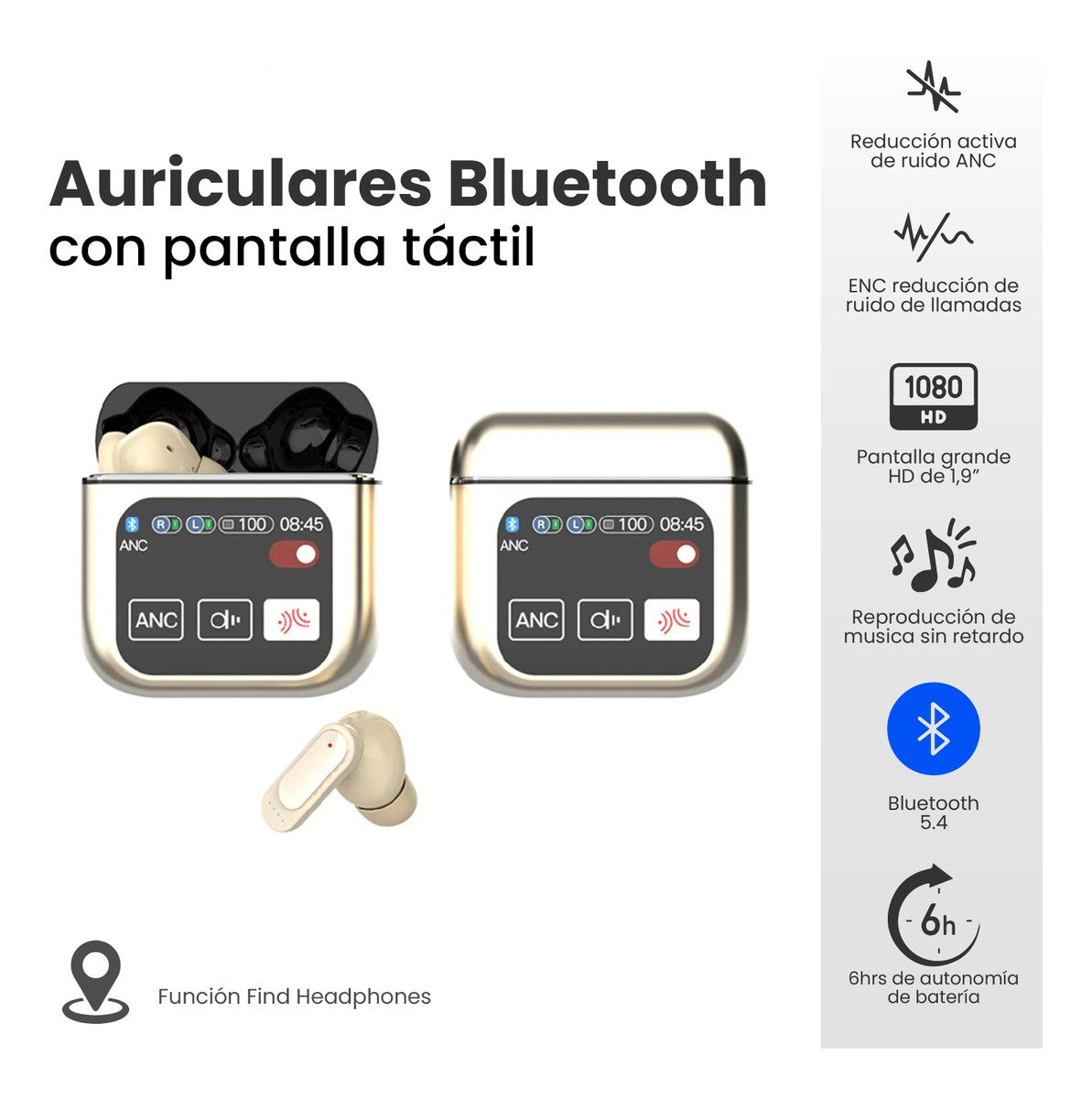 Audifonos Bluetooth 5Ta Generacion Cancelacion Ruido Pantalla Dorado 5.2