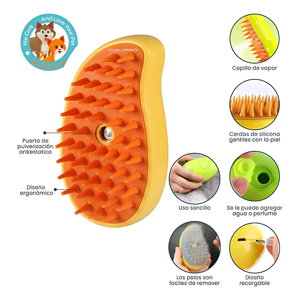 Combo Esfera Rodillo Silicona Quita Pelos + Cepillo Masaje Mascotas Vapor