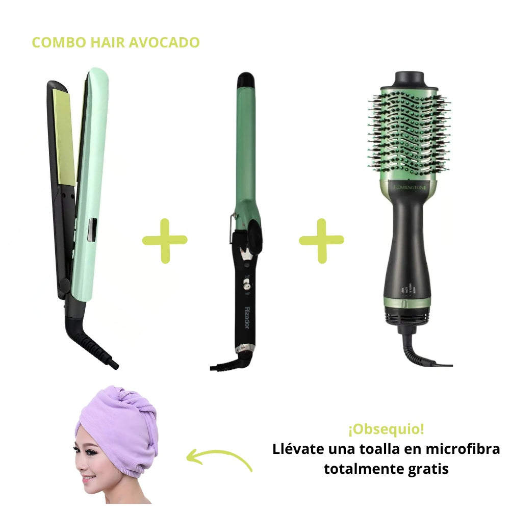 Tri Combo Hair Avocado Cepillo Secador + Plancha Cabello + Rizadora Tubo + Obsequio Toalla Microfibra Cabello