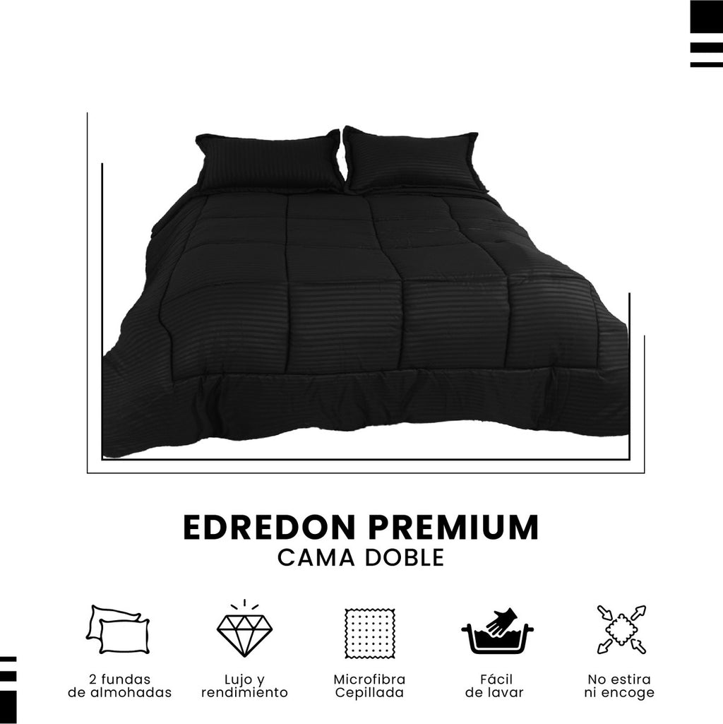 Edredon Cubrelecho Premium Negro Cama Doble Fundas Almohadas Innovo
