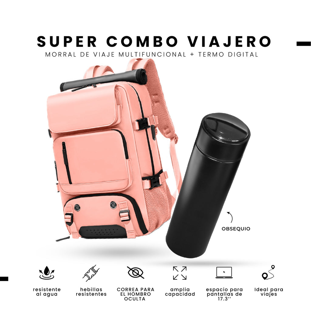 Bolso Todo En Uno Para Laptop Rosado Viajero Impermeable Con Termo Led