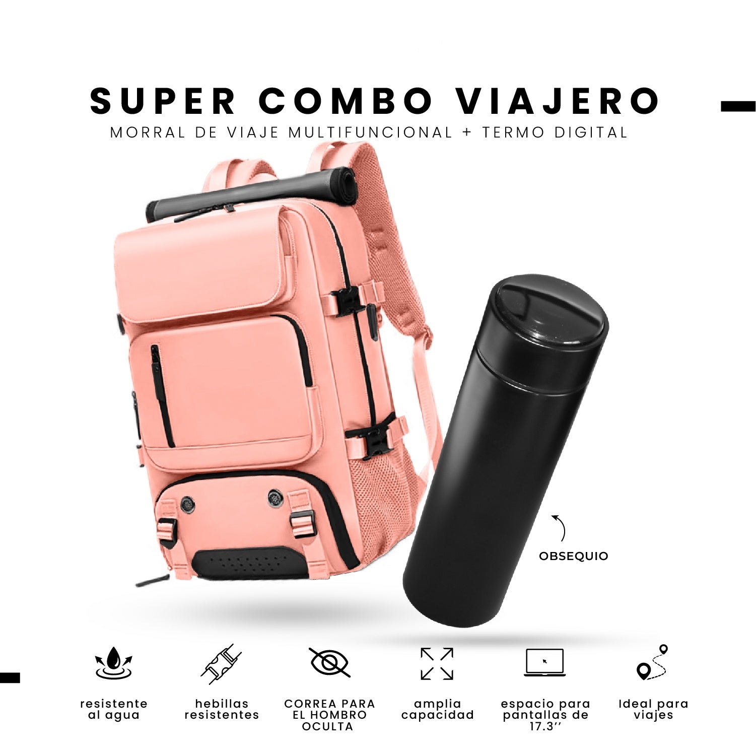 Bolso Todo En Uno Para Laptop Rosado Viajero Impermeable Con Termo Led
