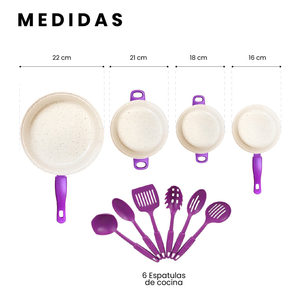 Juego De Ollas Con Tapa Vidrio Esmaltada Con Utensilios 13 Piezas Morado