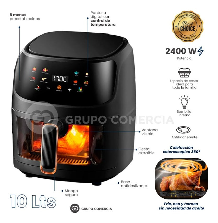Freidora De Aire 10 Lts Antiadherente Pantalla Digital 2400W Air Fryer