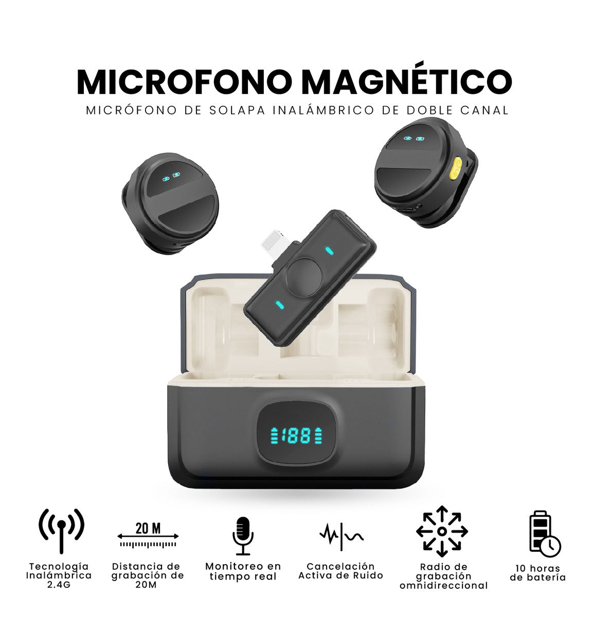 Microfono Inalambrico Solapa Magnetico Solapa Doble Canal Profesional 40Hrs