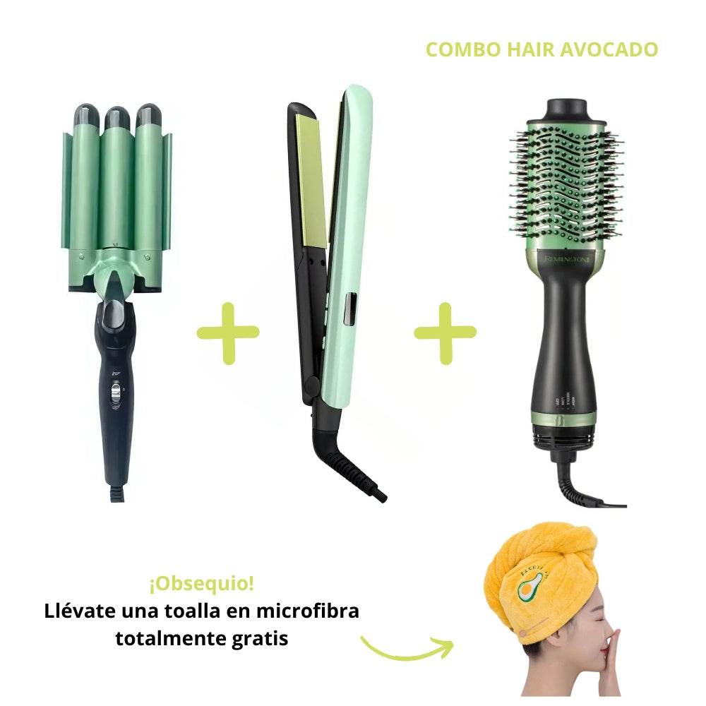 Tri Combo Aguacate Cepillo Secador + Plancha Cabello + Pinza Sirena + Obsequio Toalla Microfibra Cabello