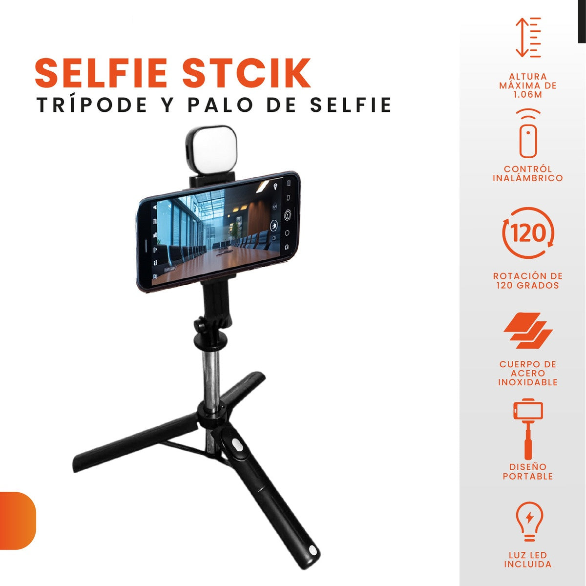 Tripode Palo Selfie Con Luz Recargable Monopie Viajero Portatil Ajustable Altura Maxima 1 M